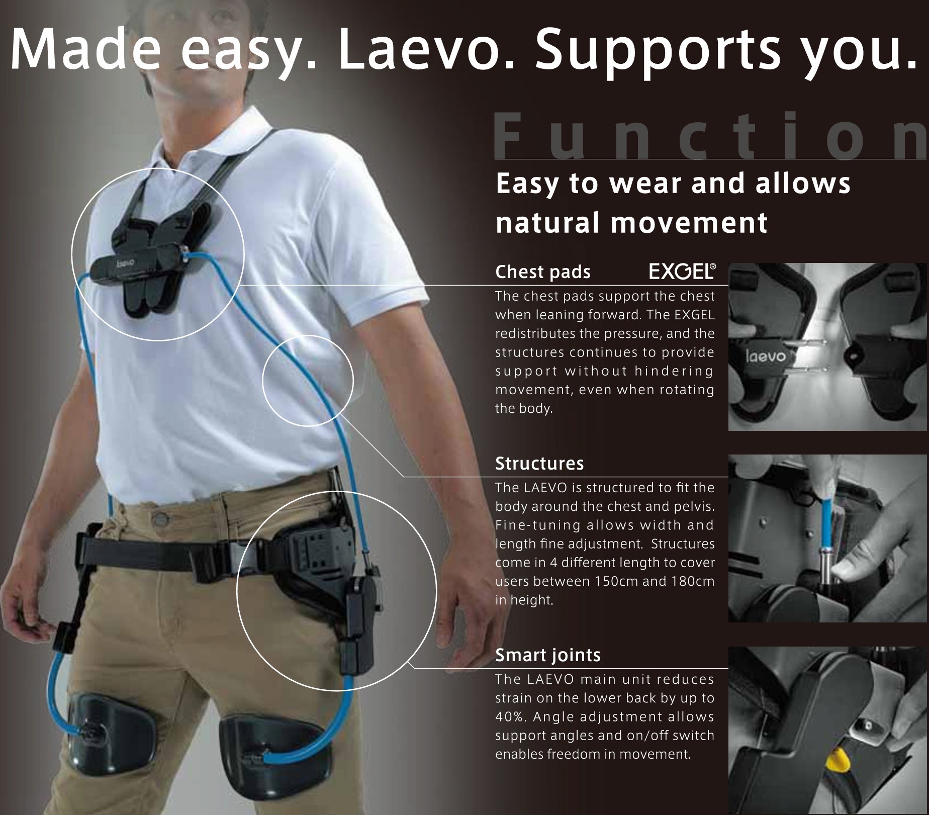 Laevo Exoskeleton 기능 개요 — Smart Joint, 보조 각도 조절, ON/OFF 전환