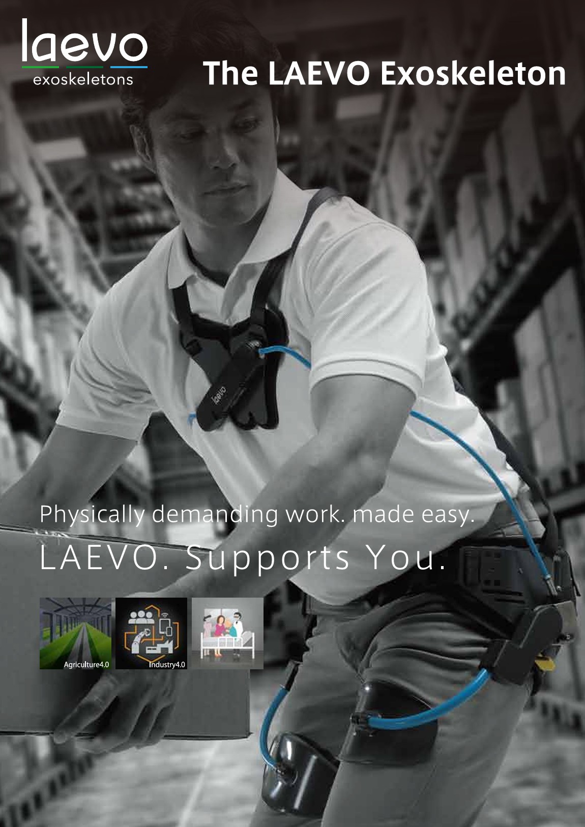 Laevo Exoskeleton을 착용한 작업자가 창고에서 작업하는 모습